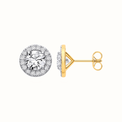 3.54ctw halo lab grown diamond earrings in yellow gold, Delan Jewellers
