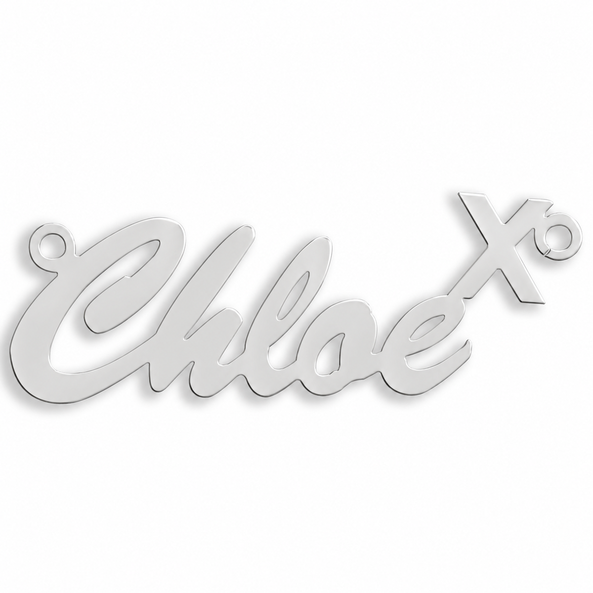 9ct white gold Script Kiss Nameplate example with name the centrepiece. The Script Kiss nameplate is personalised in 9ct yellow or white gold, with a loop at each end for a chain