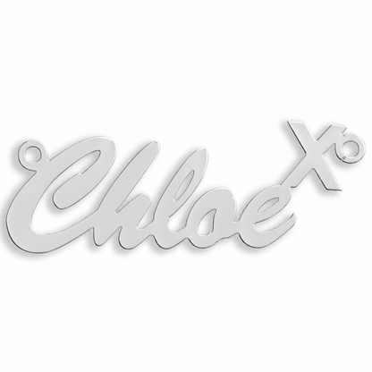 9ct white gold Script Kiss Nameplate example with name the centrepiece. The Script Kiss nameplate is personalised in 9ct yellow or white gold, with a loop at each end for a chain