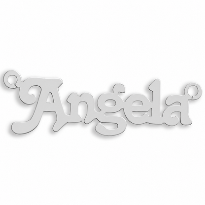 9ct white gold Small Terra Nameplate example with name the centrepiece. The Small Terra nameplate is personalised in 9ct yellow or white gold, with a loop at each end for a chain