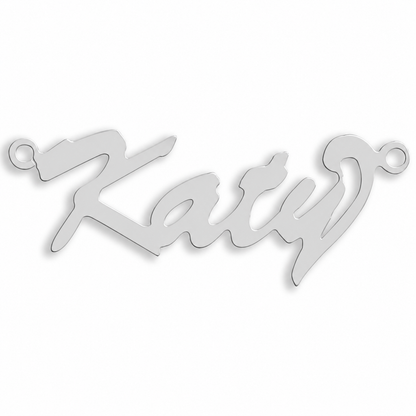 9ct white gold Script Curl Nameplate example with name the centrepiece. The Script Curl nameplate is personalised in 9ct yellow or white gold, with a loop at each end for a chain