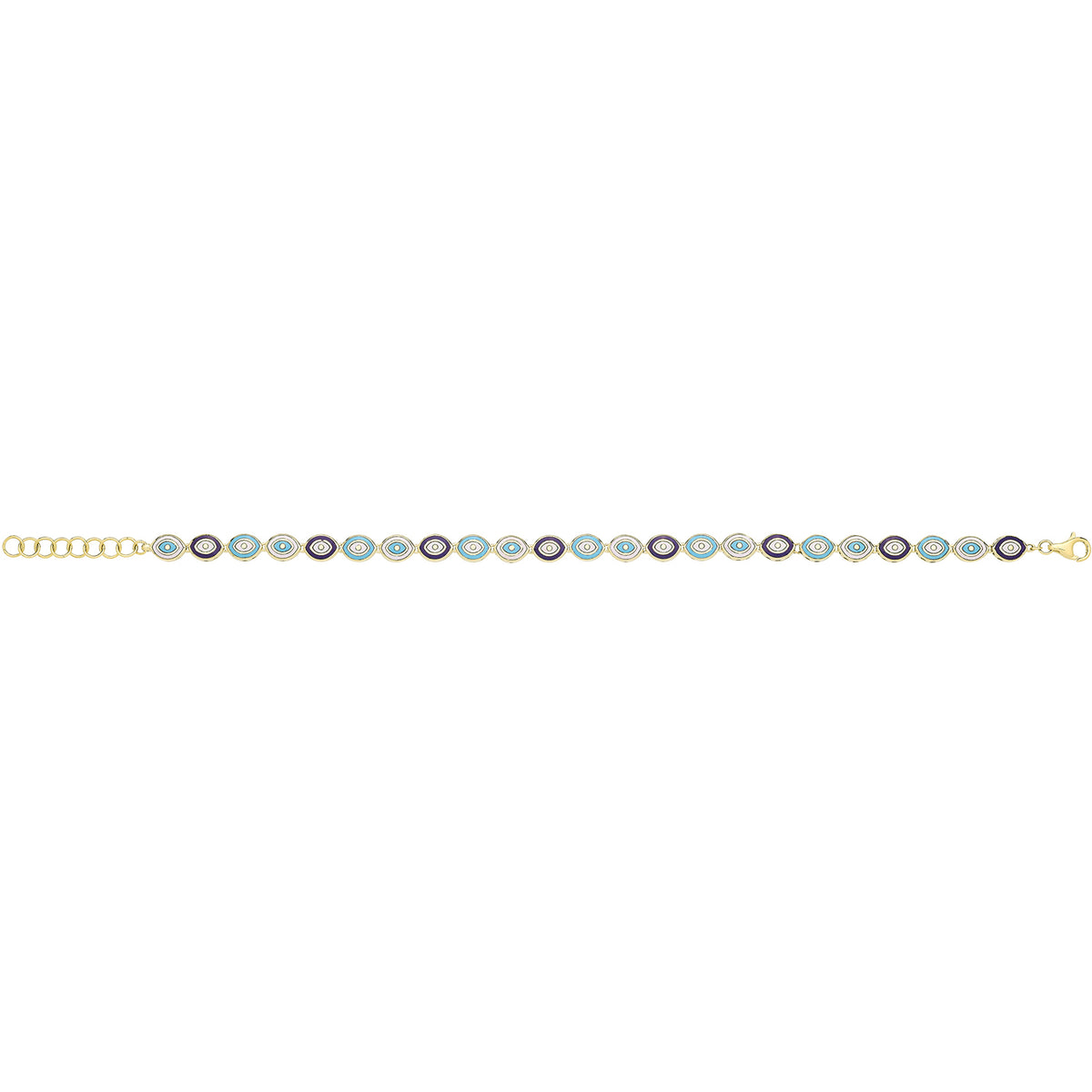 9ct Yellow Gold White / Turquoise / Dark Blue Enamel Evil Eye Bracelet - BR733