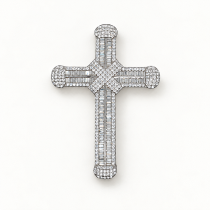 Silver CZ Cross 2 on neutral ivory studio background
