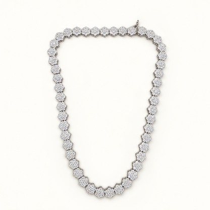 Silver Daisy tennis necklace on neutral ivory background