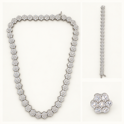 Silver Daisy necklace, bracelet and stud on neutral ivory studio background