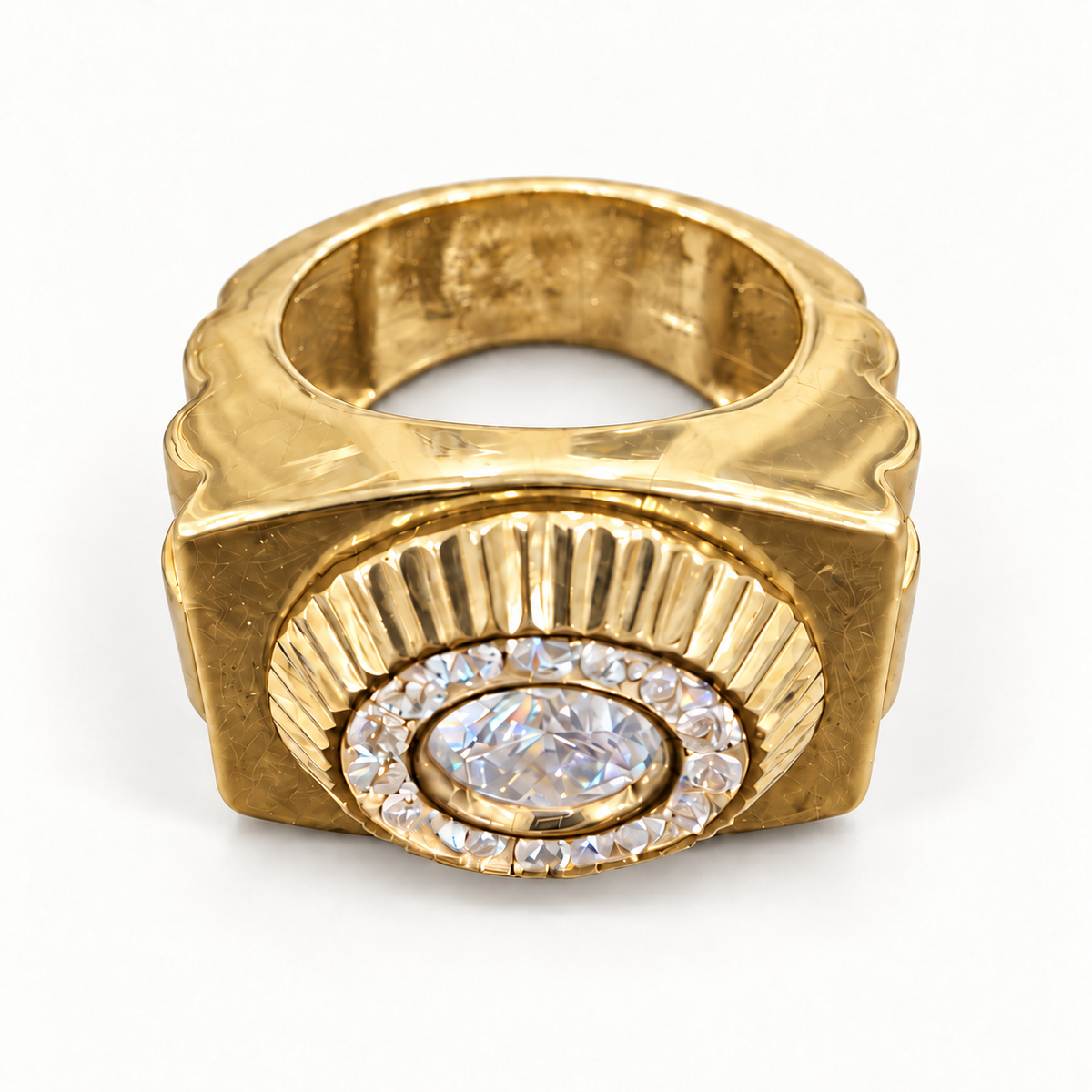 Angled front view of 9ct yellow gold CZ Presidential ring