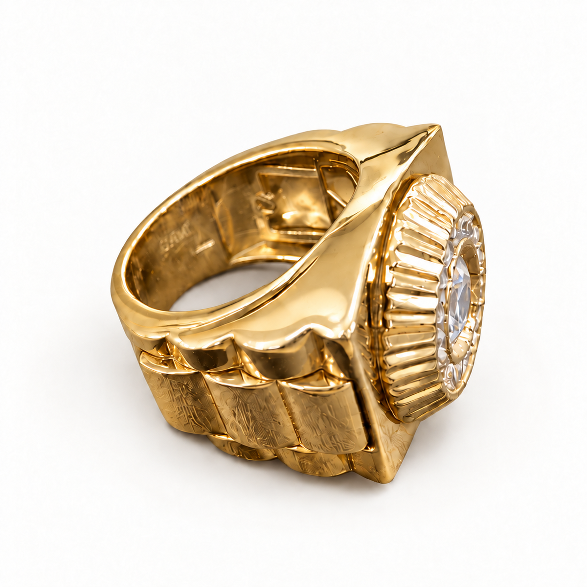 Side view of 9ct yellow gold CZ Presidential ring