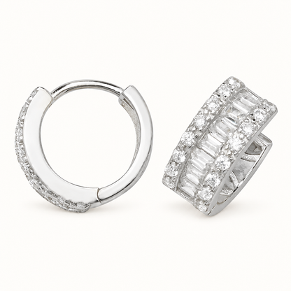 Medium silver CZ hoop earrings on pale ivory