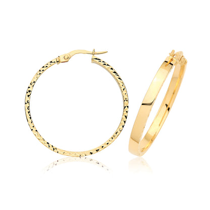 9ct Yellow Gold Diamond Cut Earring Hoops - ER1263 - 25 mm