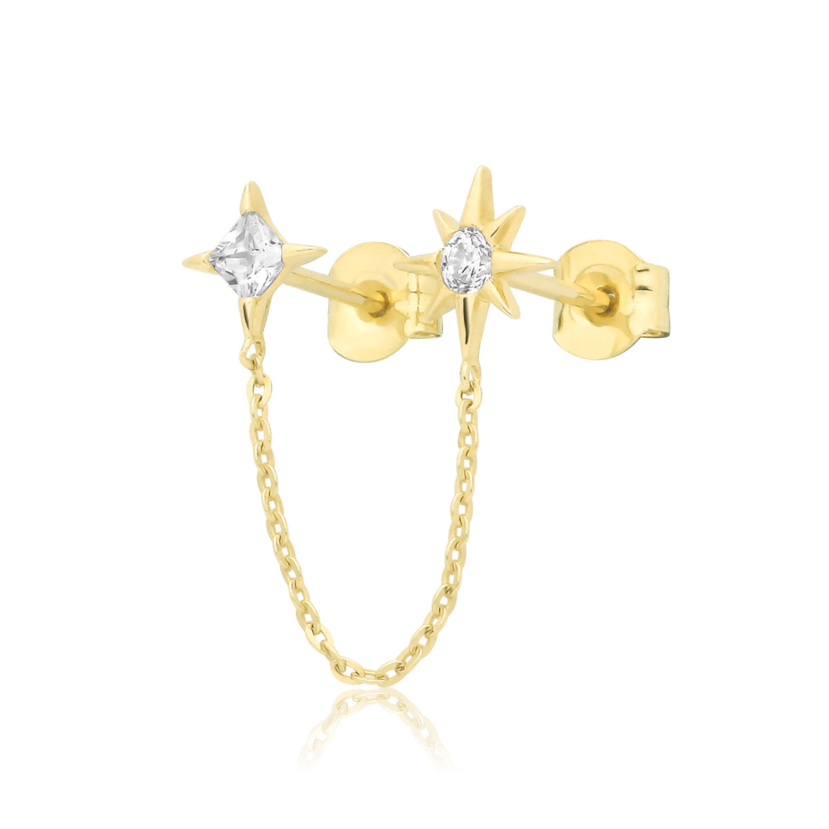 9ct Yellow Gold CZ Stars W/ Connecting Chain Stud Earrings - ES2226