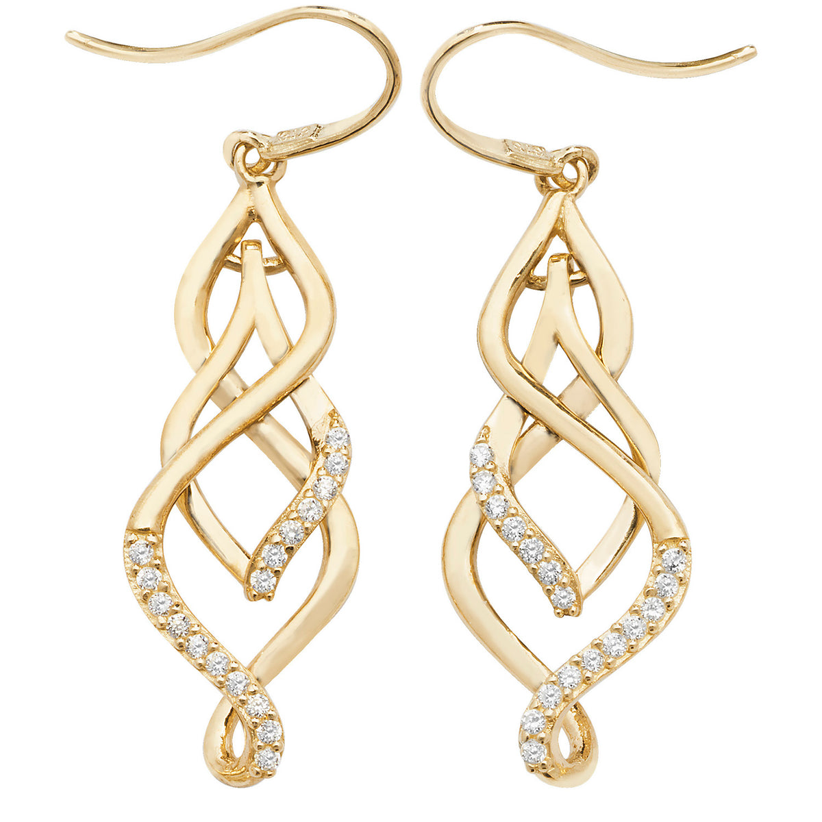 9ct Gold CZ Entwined Fish Hook Drops - ES538