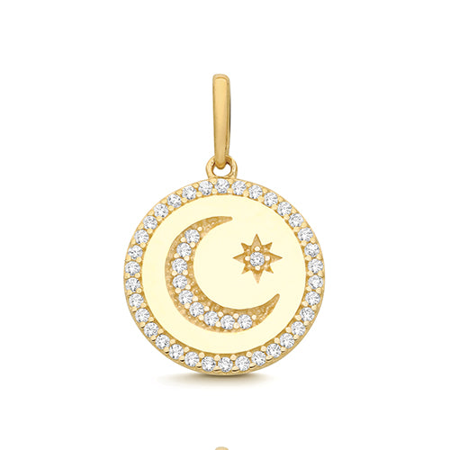 9ct Yellow Gold CZ Moon & Star Disc Charm - PN1363