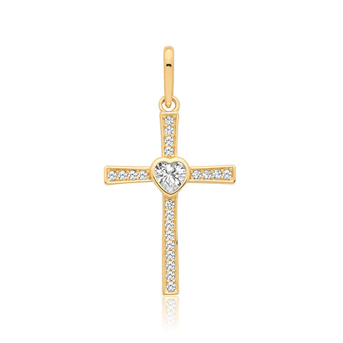 9ct Yellow Gold CZ Heart Cross Pendant - PN1429