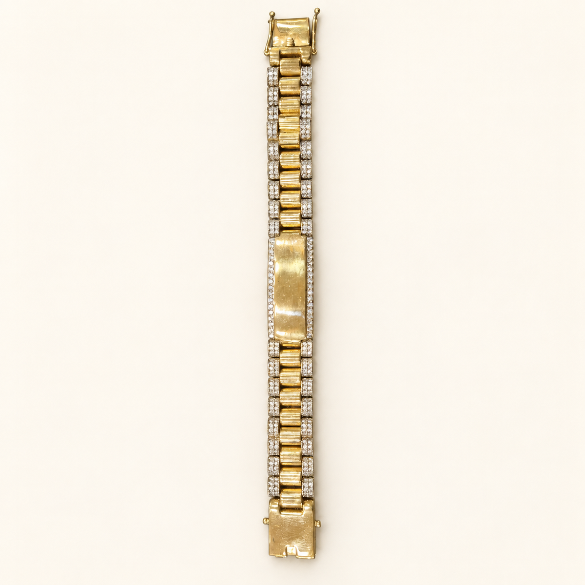 9ct gold Presidential style CZ bracelet with engravable ID plate on ivory