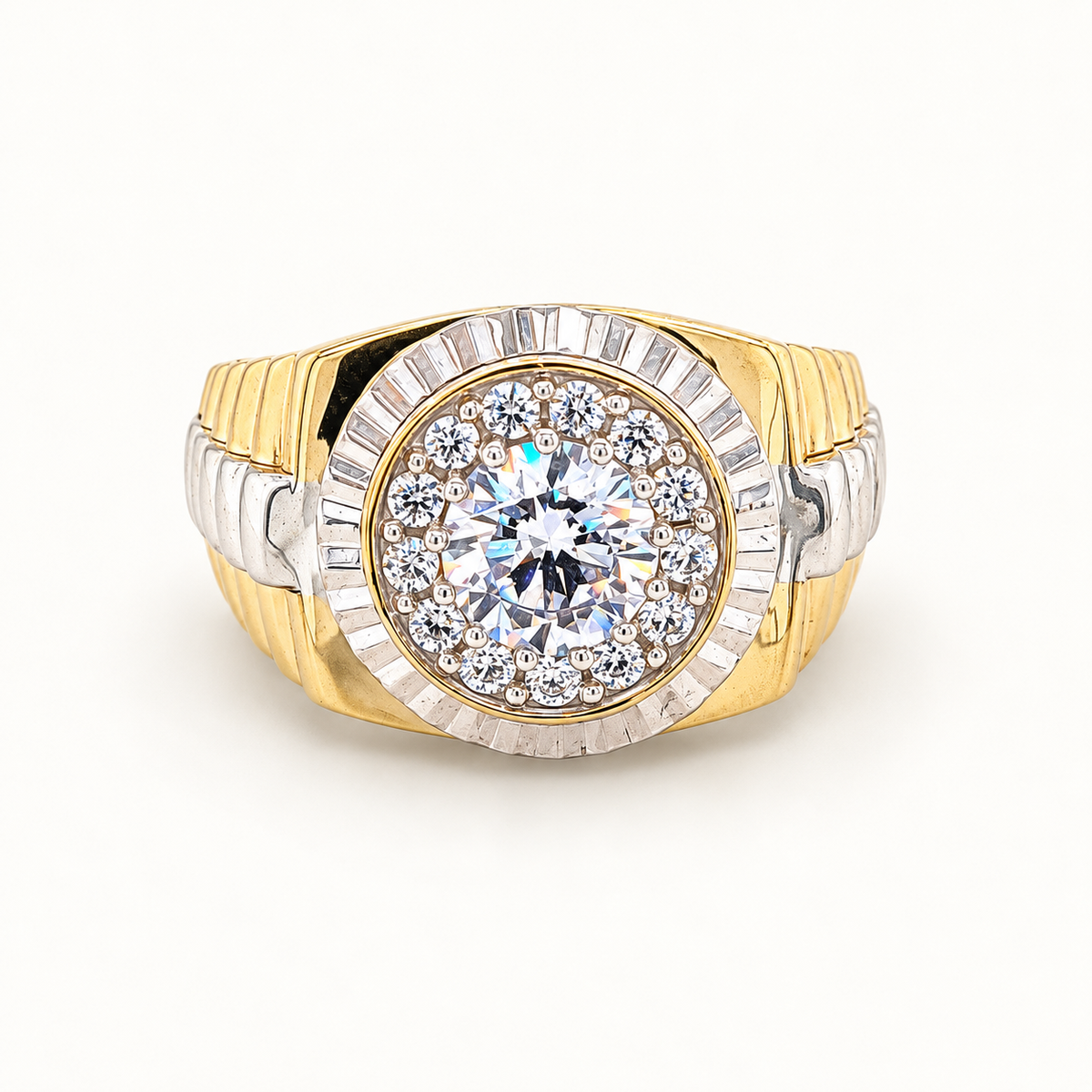 Front view of 9ct gold Presidential ring with large centre CZ on ivory
