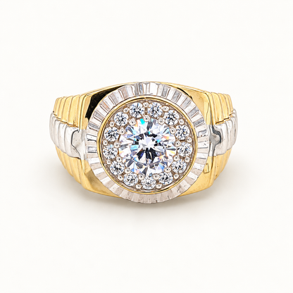 Front view of 9ct gold Presidential ring with large centre CZ on ivory