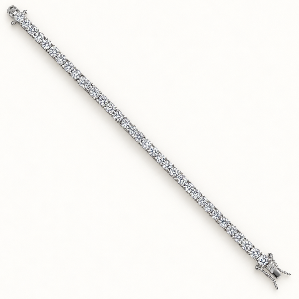 4 mm silver CZ tennis bracelet on ivory background