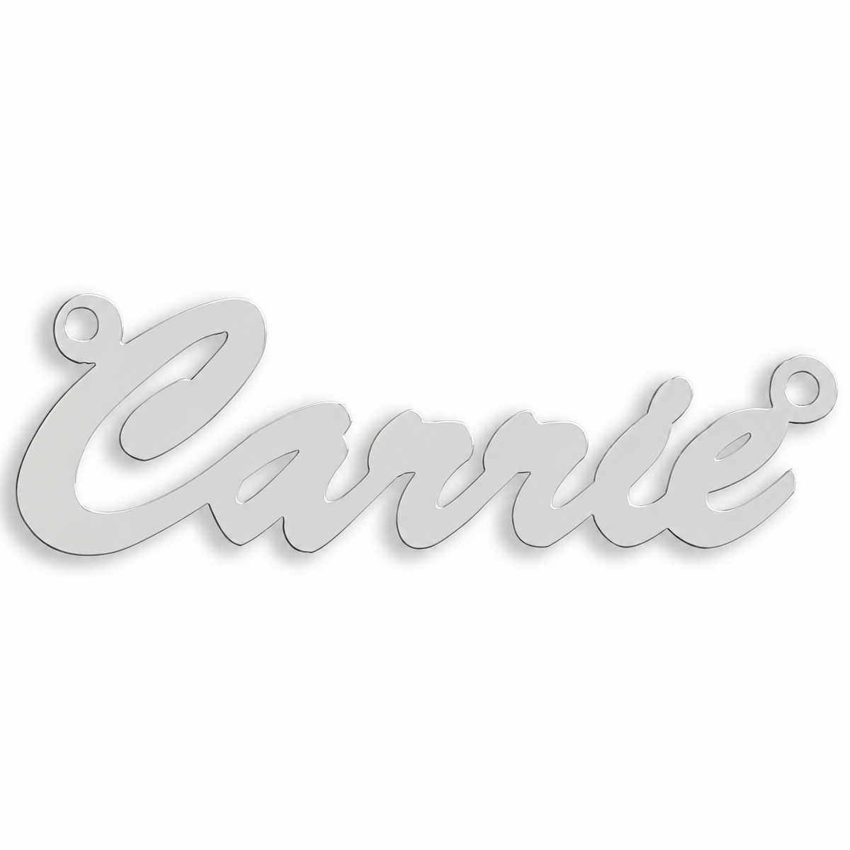 Sterling silver Small Banana personalised nameplate, example Carrie, illustrative image