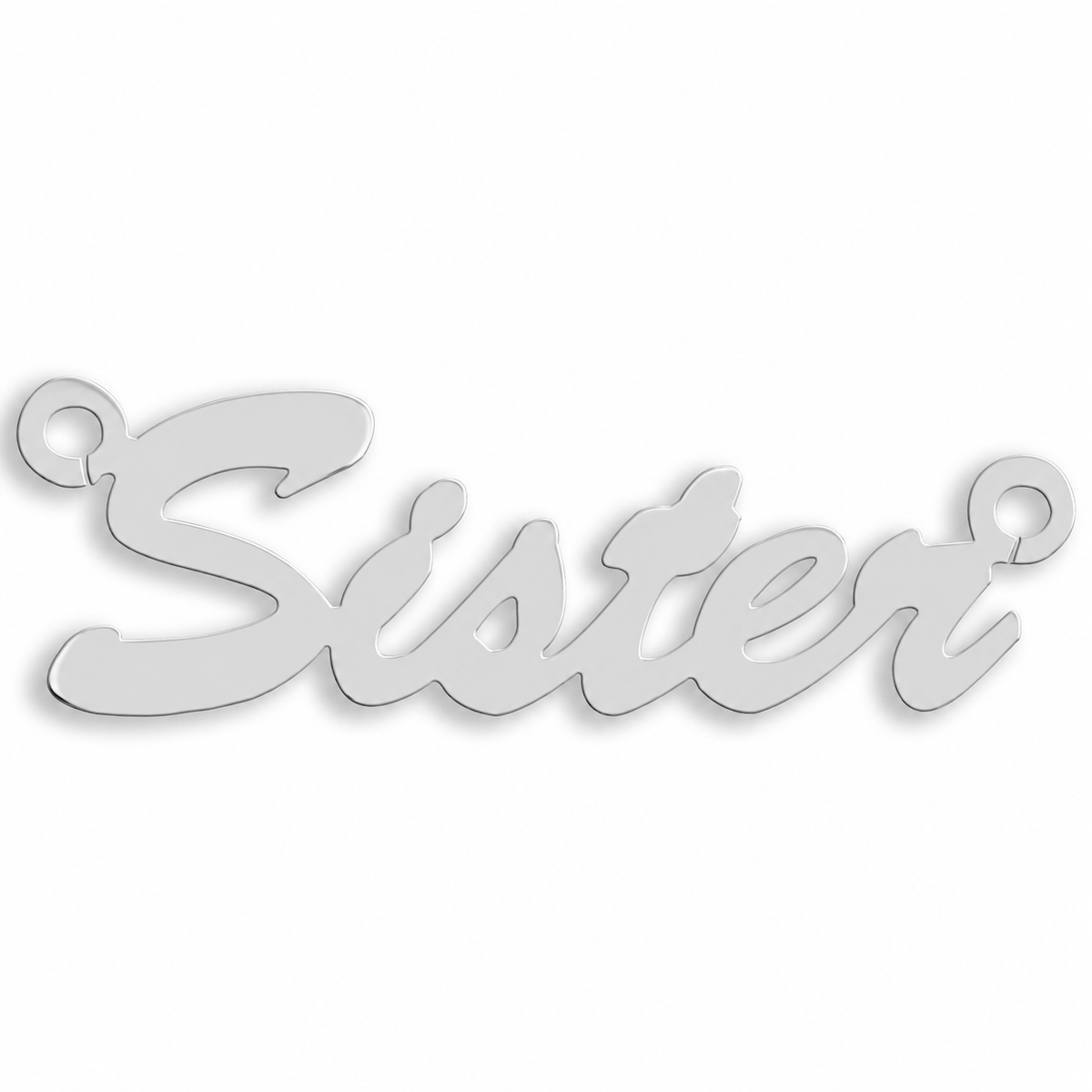 Sterling silver Small Script personalised nameplate, example Sister, illustrative image