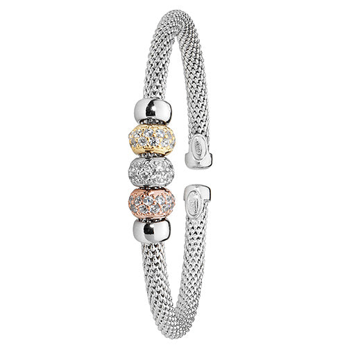 Sterling Silver Tri-colour Plated CZ Beaded Mesh Bangle G4218