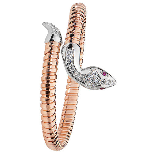 Sterling Silver Rose Gold Plated Red Eyes CZ Snake Bangle G4223R