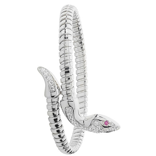 Sterling Silver Rhodium Plated Red Eyes CZ Snake Bangle G4223RH
