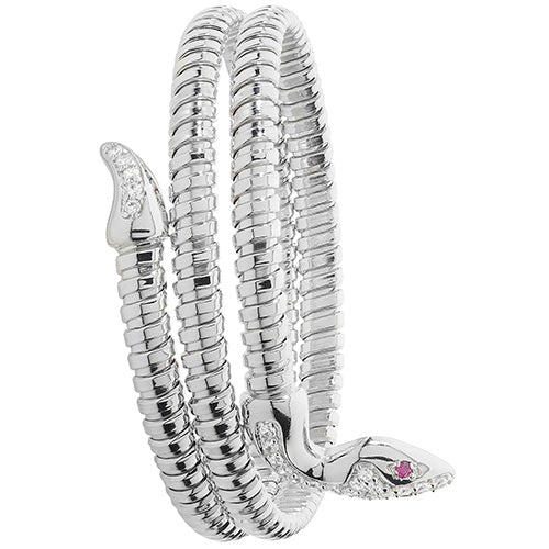 Sterling Silver Rhodium Plated Red Eyes CZ Snake Bangle G4224RH