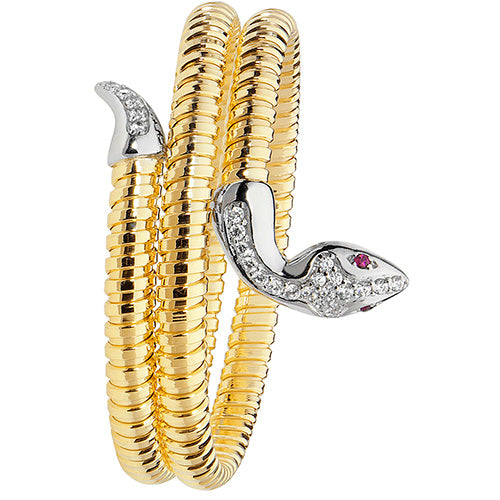 Sterling Silver Yellow Gold Plated Red Eyes CZ Snake Bangle G4224Y