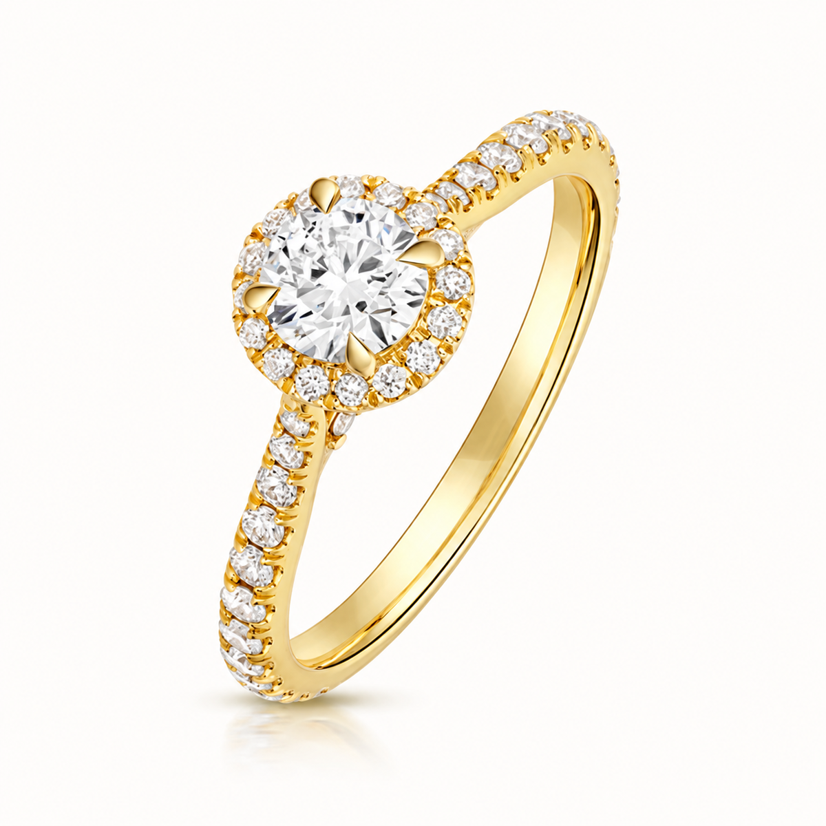 18ct yellow gold round halo lab diamond engagement ring front view