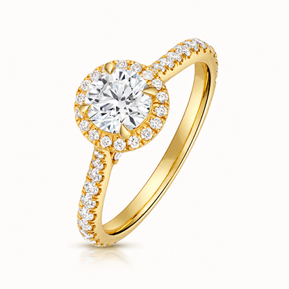 18ct yellow gold round halo lab diamond engagement ring front view