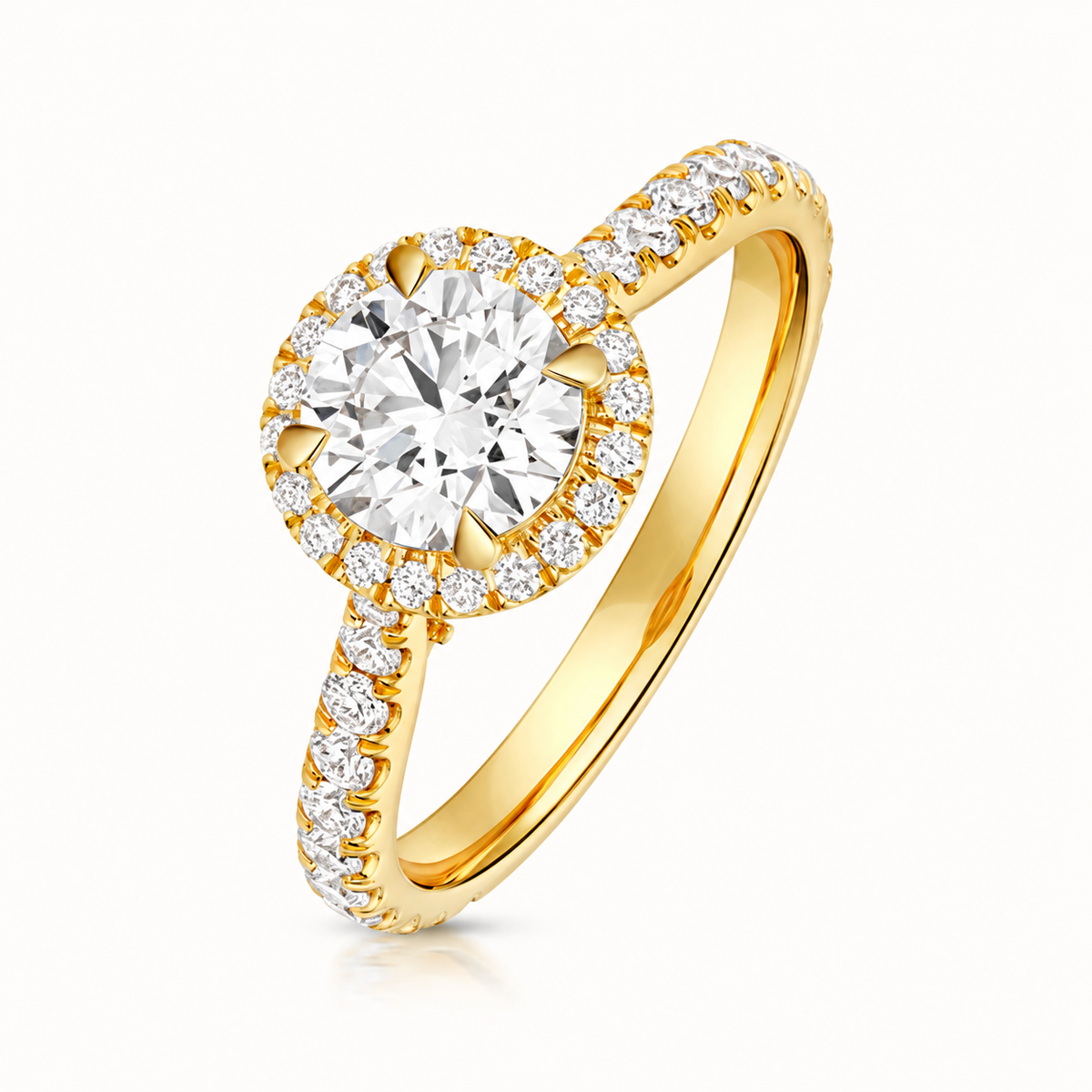 18ct yellow gold round halo lab diamond engagement ring front view