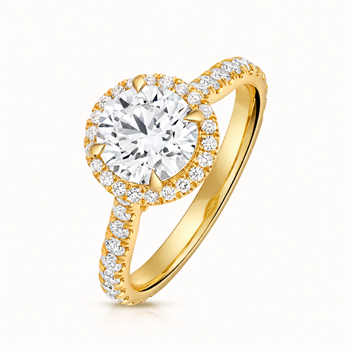 18ct yellow gold round halo lab diamond engagement ring front view