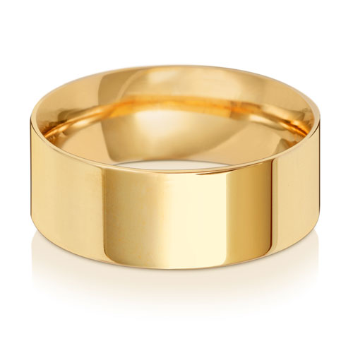 Flat Court Wedding Band 8mm in yellow gold, lying flat