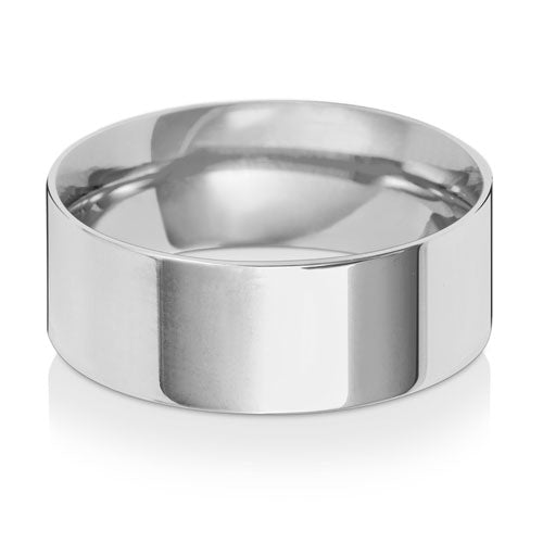 Flat Court Wedding Band 8mm in white gold, lying flat