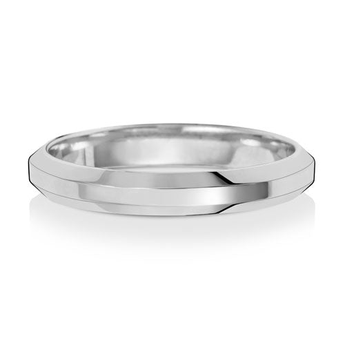 Bevelled Edge Wedding Band 3mm in white gold, lying flat