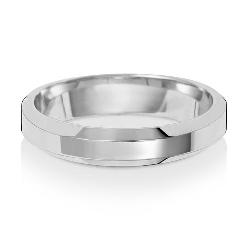 Bevelled Edge Wedding Band 4mm in white gold, lying flat