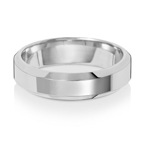 Bevelled Edge Wedding Band 5mm in white gold, lying flat