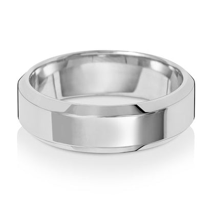 Bevelled Edge Wedding Band 6mm in white gold, lying flat