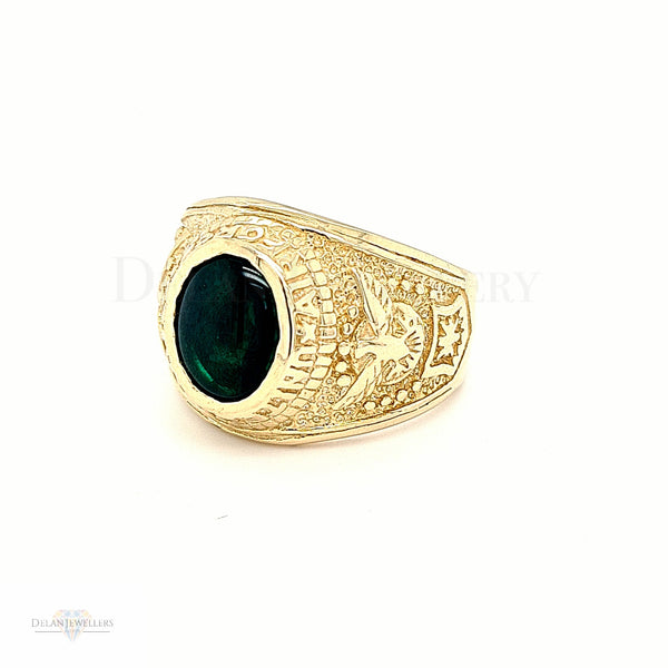 Mens Heavy College Ring with green Stone