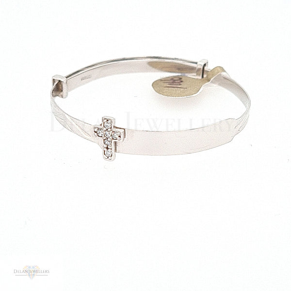 9ct White Gold Expandable Baby Bangle with CZ Cross