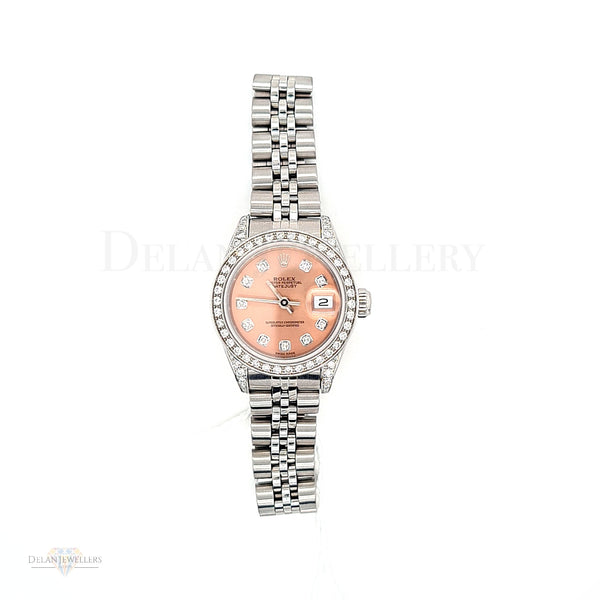 Pre-owned Rolex Date-Just Steel 26mm with Diamond Shoulders, Bezel and Salmon Dial