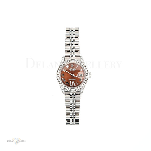 Pre-owned Rolex Date-just Steel 26mm with Diamond Shoulders, Bezel and Brown Diamond Dial
