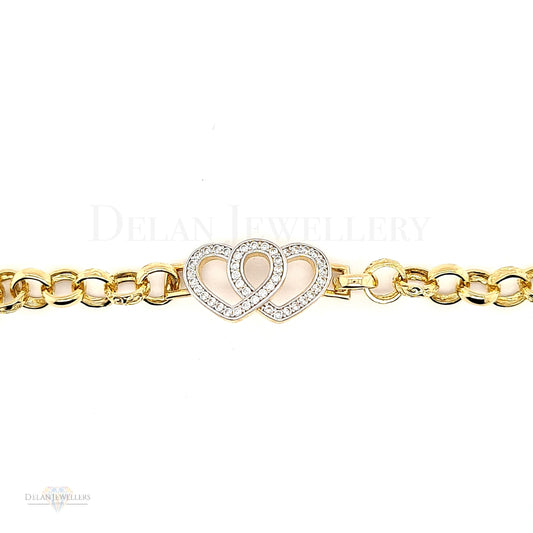 9ct Yellow Gold Children's Double Heart Belcher Bracelet with stones