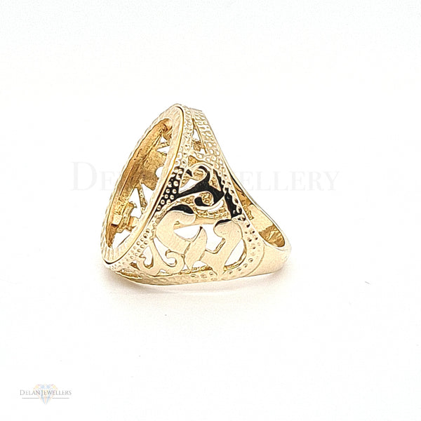 9ct Full Sovereign Mount Ring with sterling pound side design