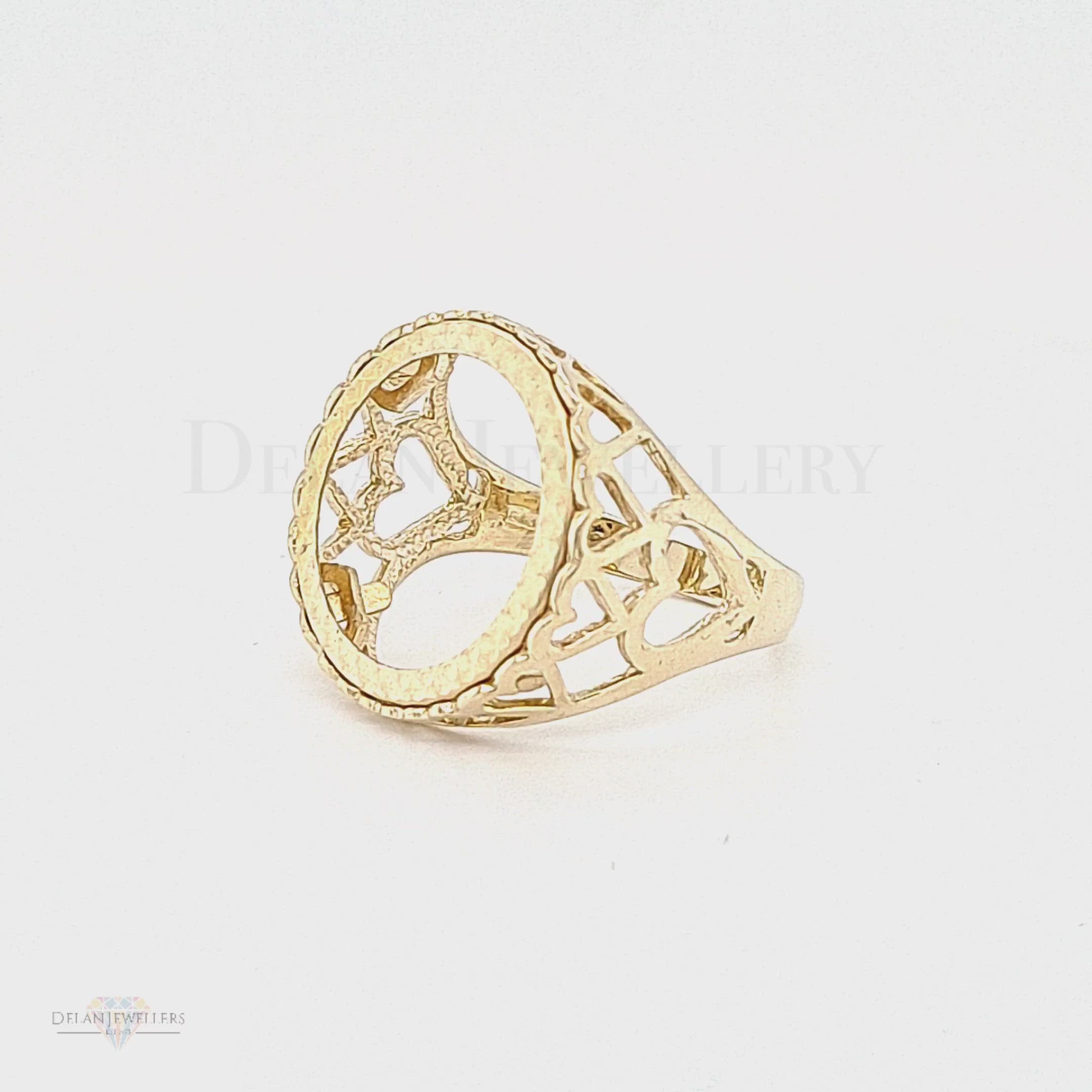 9ct Half Sovereign Mount Ring with heart sides