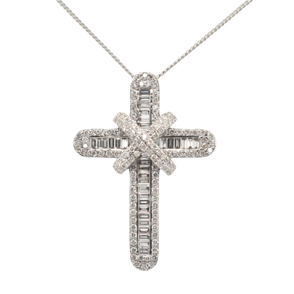 9ct White Gold Classic Diamond Cross with Baguettes