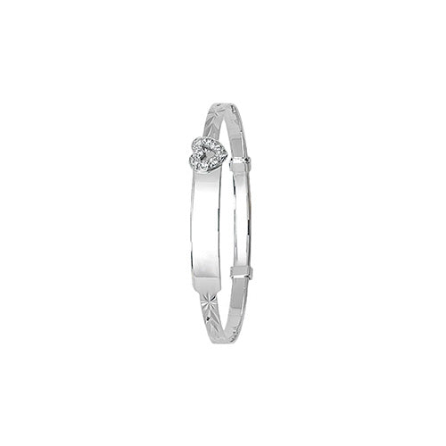 9Ct White Gold Babies' Expandable Cz Heart Id Bangle - BN352W