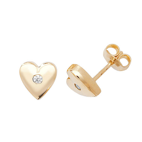 9ct Gold Single Cz Heart Studs ER096