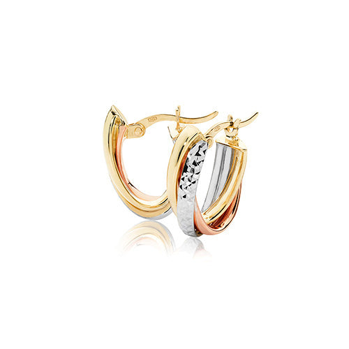 9Ct Gold Tricolour Diamond Cut Entwined Oval Hoops ER1038DC
