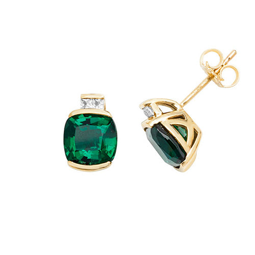 9ct Gold Cushion Created Emerald And White Sapphire Studs ES1200E